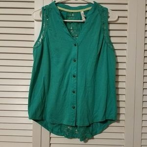 Teal tank with lace cutout on back and sleeves